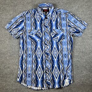 Rock and Roll Denim Shirt Mens XL Blue Aztec Pearl Snap Western Short Sleeve